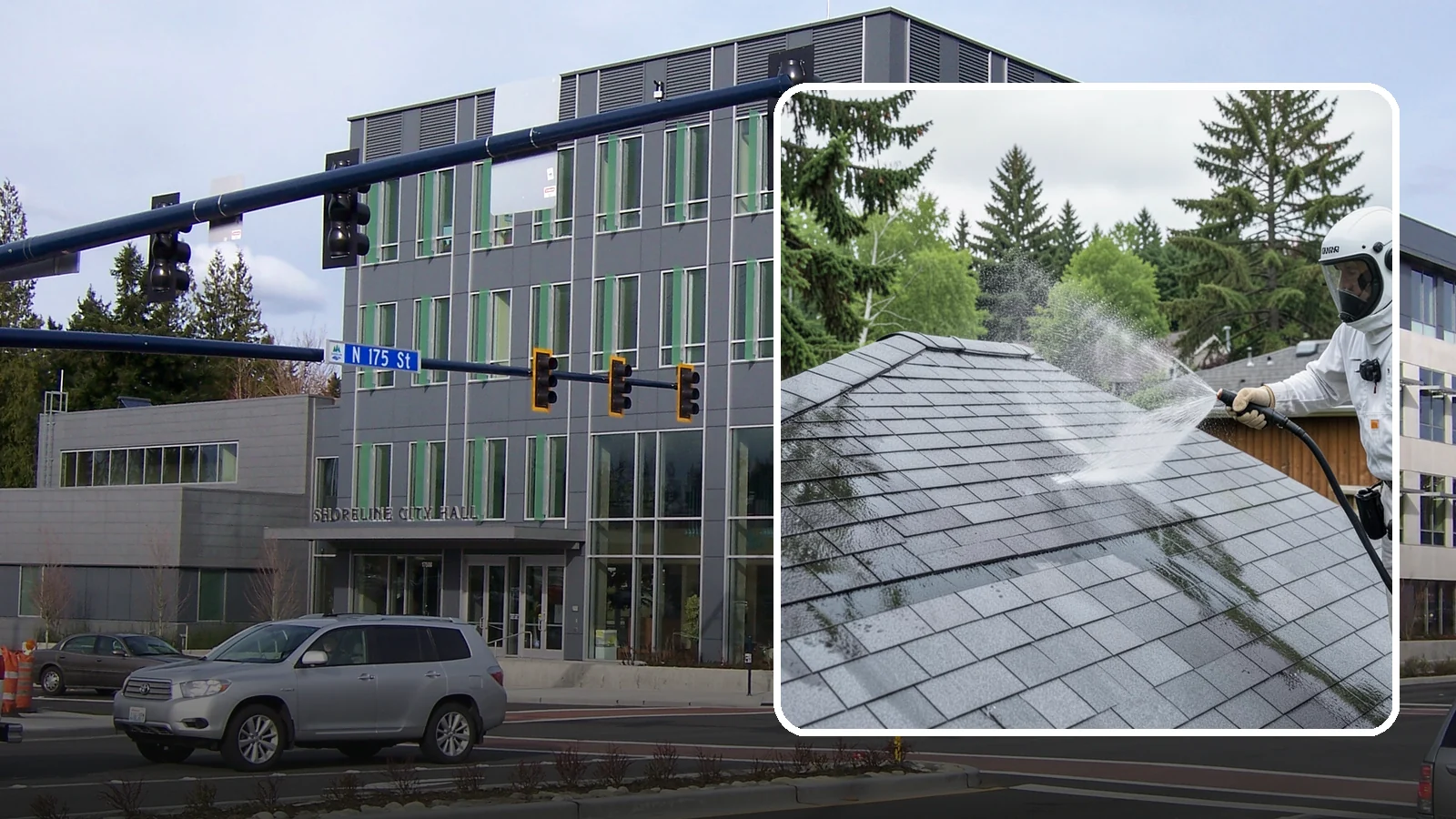 Asphalt Shingle Roof Cleaning in Shoreline, King County, WA - Specialized cleaning for asphalt and composition shingle roofs that removes the black streaks common across Washington...