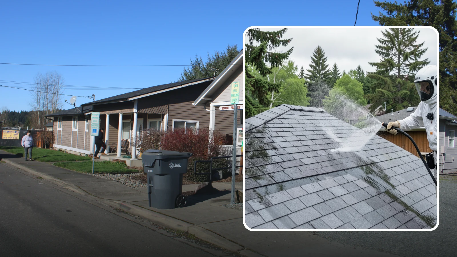 Asphalt Shingle Roof Cleaning in South Prairie, Pierce County, WA - Specialized cleaning for asphalt and composition shingle roofs that removes the black streaks common across Washington...