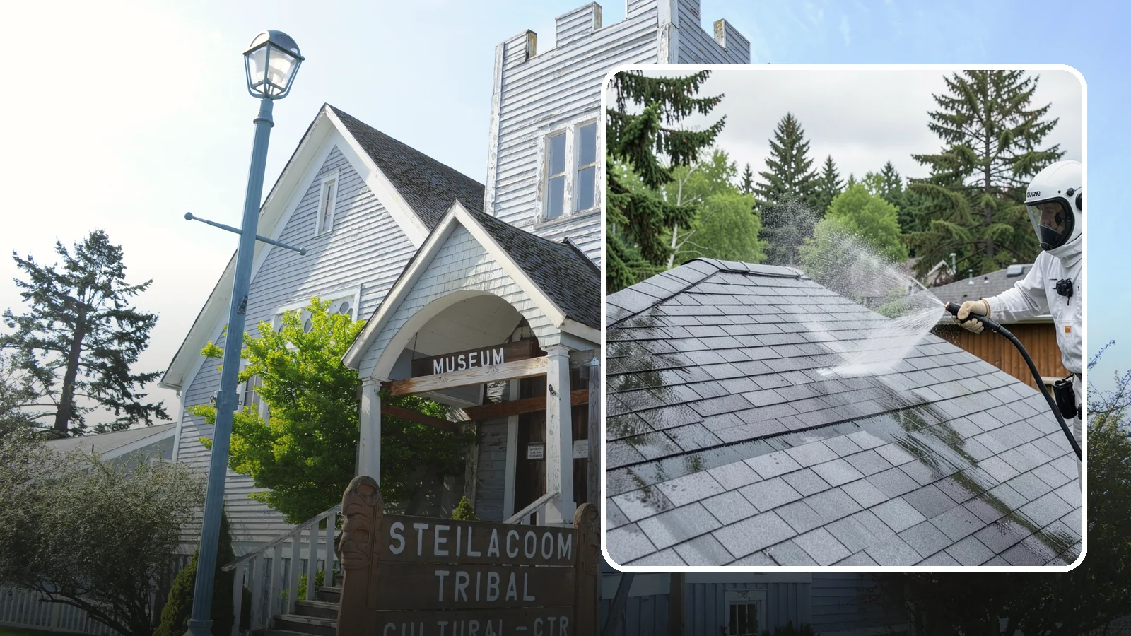 Asphalt Shingle Roof Cleaning in Steilacoom, Pierce County, WA - Specialized cleaning for asphalt and composition shingle roofs that removes the black streaks common across Washington...