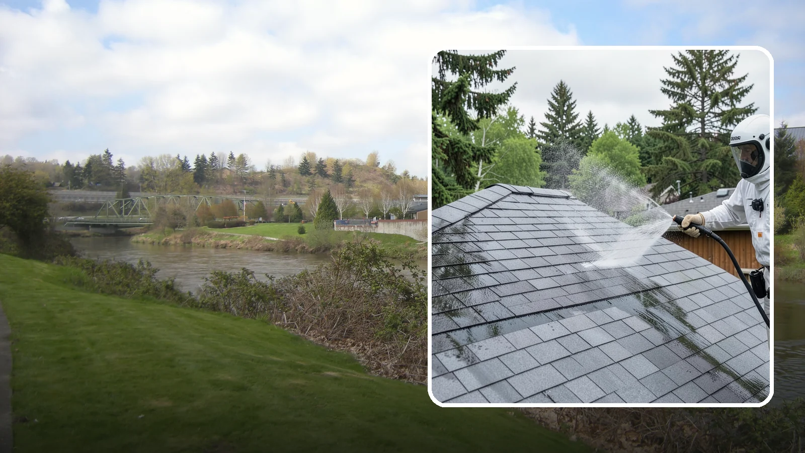Asphalt Shingle Roof Cleaning in Tukwila, King County, WA - Specialized cleaning for asphalt and composition shingle roofs that removes the black streaks common across Washington...