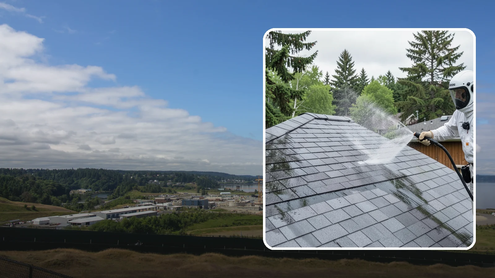 Asphalt Shingle Roof Cleaning in University Place, Pierce County, WA - Specialized cleaning for asphalt and composition shingle roofs that removes the black streaks common across Washington...