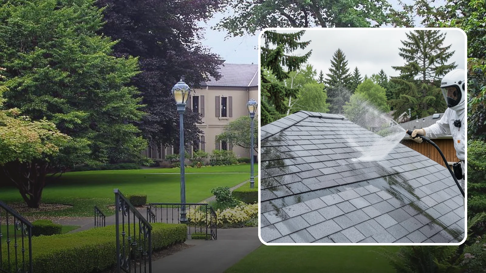 Asphalt Shingle Roof Cleaning in Woodinville, King County, WA - Specialized cleaning for asphalt and composition shingle roofs that removes the black streaks common across Washington...