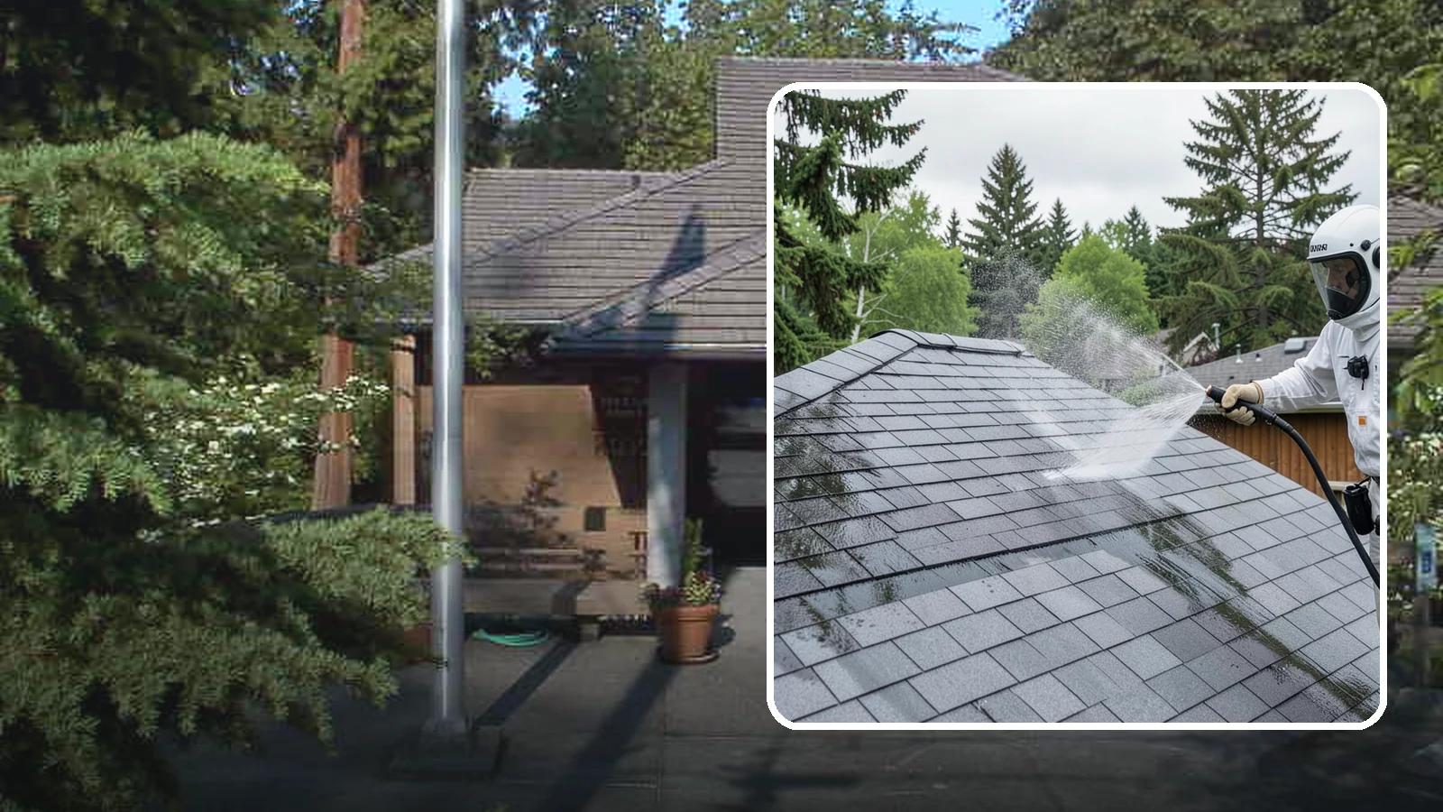 Asphalt Shingle Roof Cleaning in Yarrow Point, King County, WA - Specialized cleaning for asphalt and composition shingle roofs that removes the black streaks common across Washington...