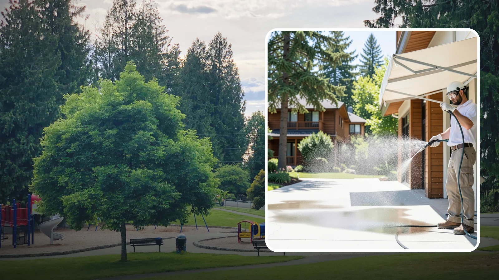 Awning Cleaning in Bonney Lake, Pierce County, WA - We soft wash fabric and metal awnings to strip the black streaks and mildew that Northwest moisture leaves behind.