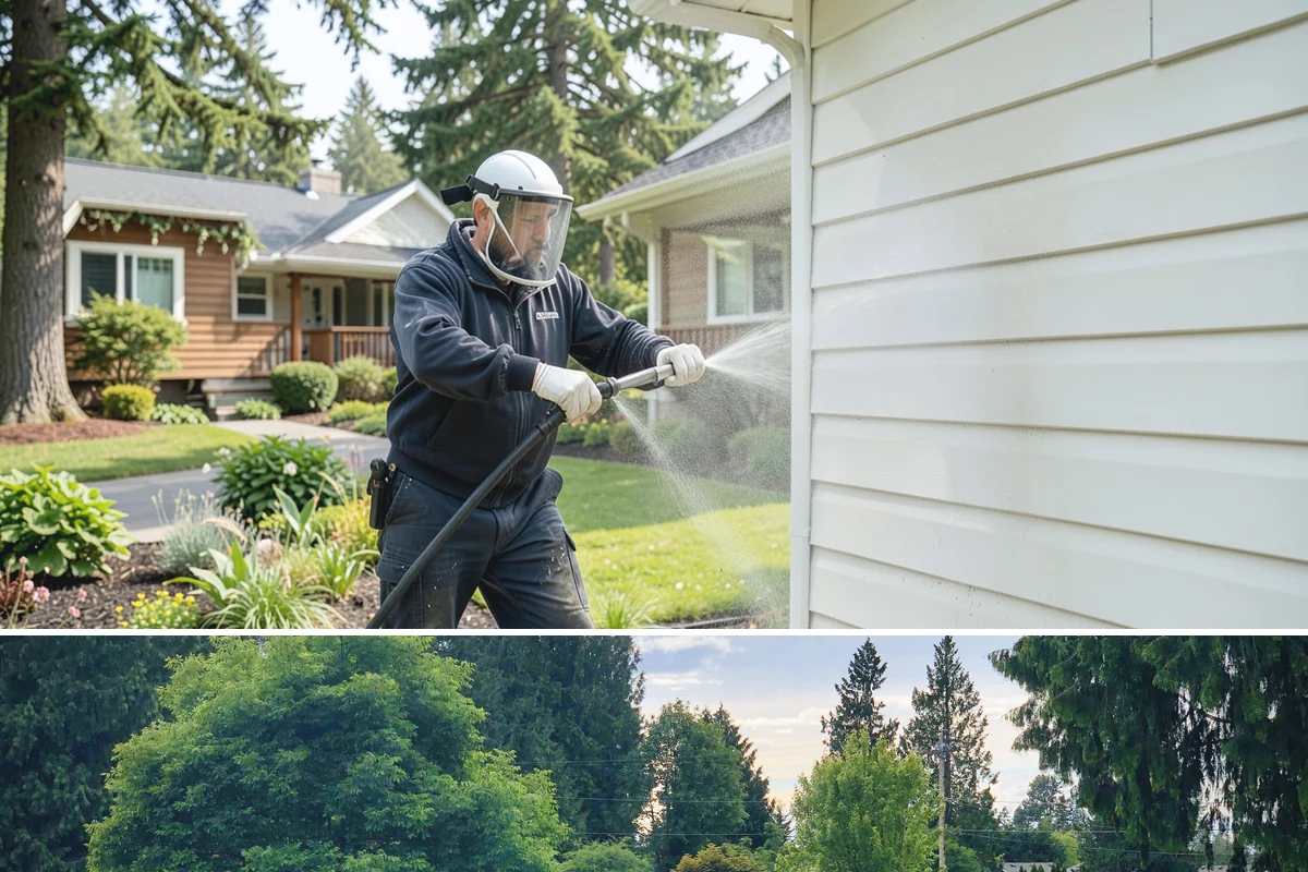 Awning Cleaning in Bonney Lake, Pierce County, WA - Late spring cleaning removes the mildew that builds through the wet season and readies awnings for summer use.