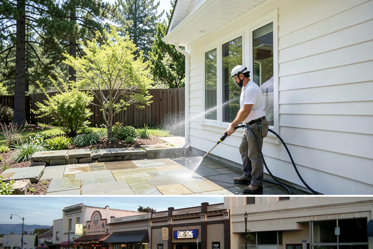 Awning Cleaning in Burlington, Skagit County, WA - Late spring cleaning removes the mildew that builds through the wet season and readies awnings for summer use.