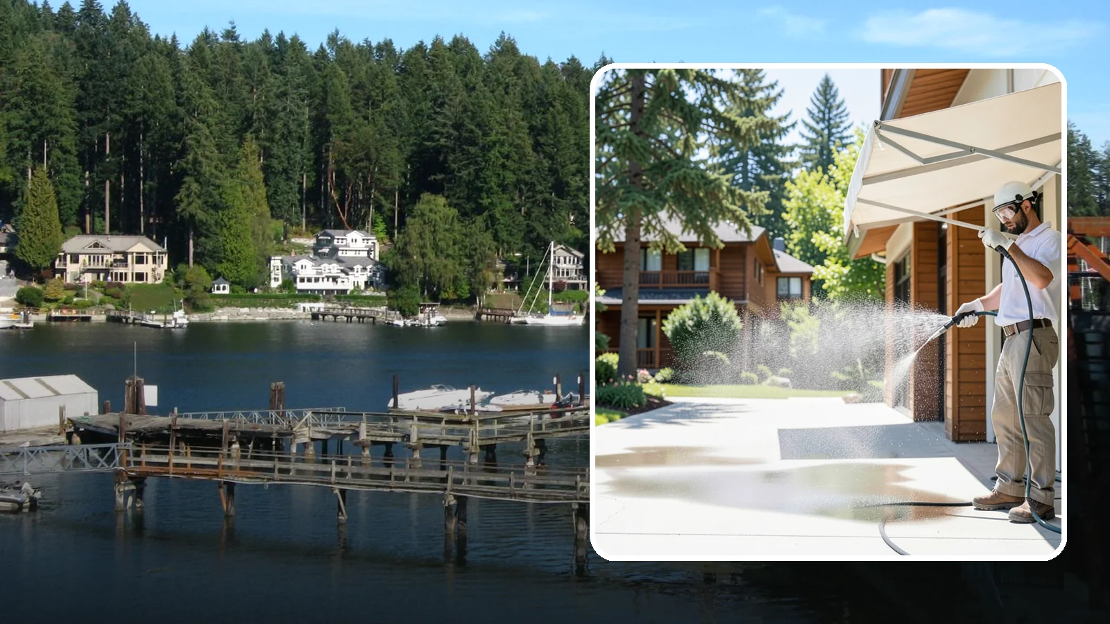Awning Cleaning in Gig Harbor, Pierce County, WA - We soft wash fabric and metal awnings to strip the black streaks and mildew that Northwest moisture leaves behind.