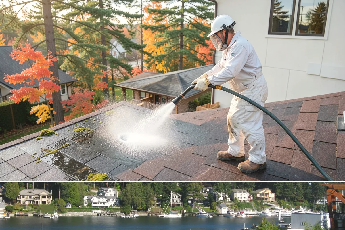 Awning Cleaning in Gig Harbor, Pierce County, WA - Late spring cleaning removes the mildew that builds through the wet season and readies awnings for summer use.