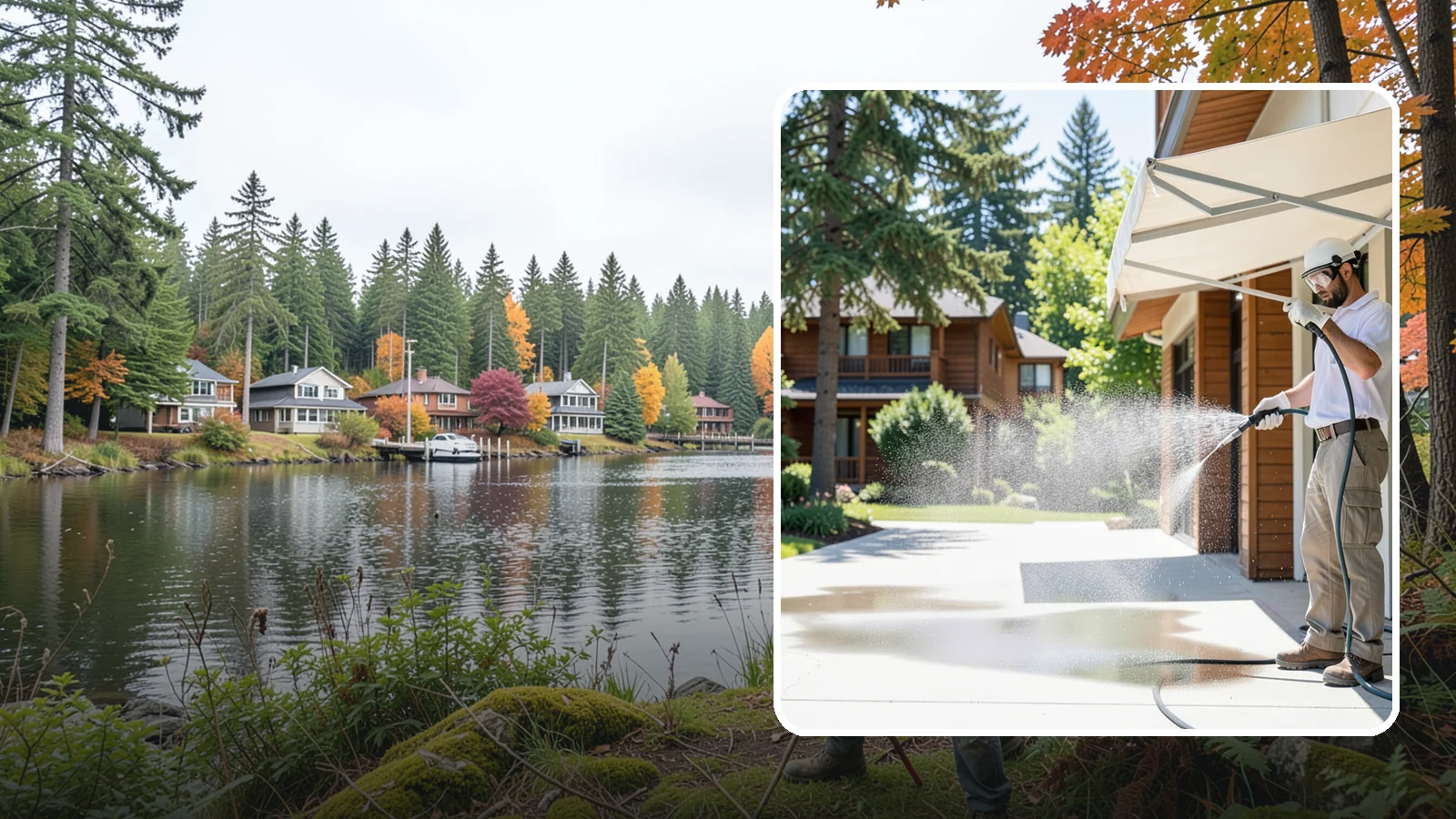 Awning Cleaning in La Conner, Skagit County, WA - We soft wash fabric and metal awnings to strip the black streaks and mildew that Northwest moisture leaves behind.
