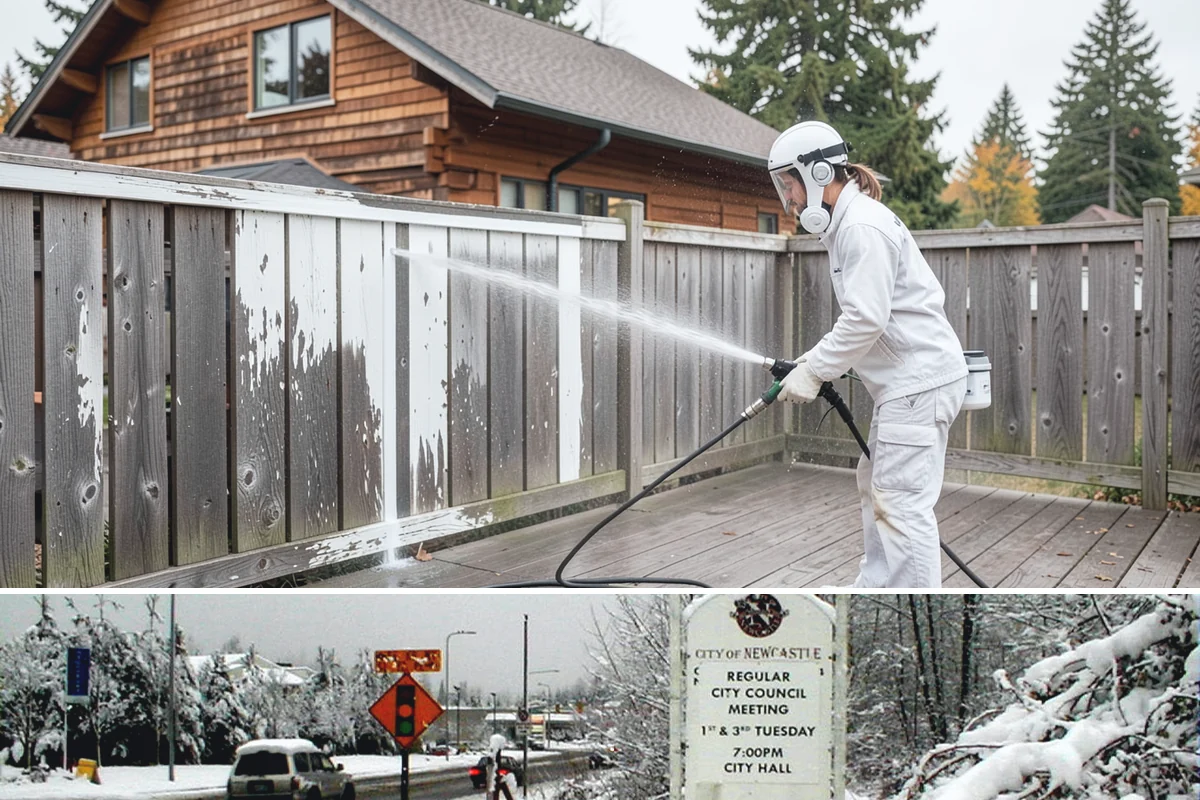 Awning Cleaning in Newcastle, King County, WA - Late spring cleaning removes the mildew that builds through the wet season and readies awnings for summer use.