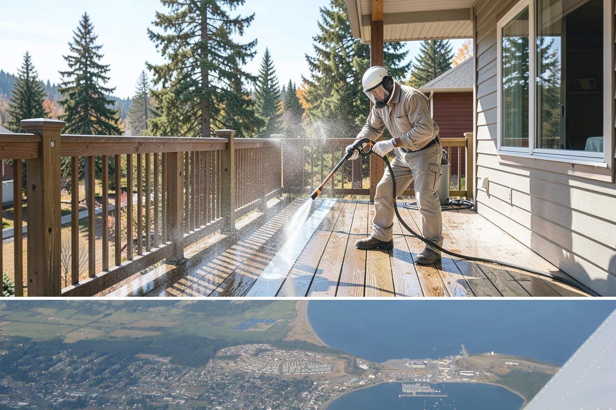 Awning Cleaning in Oak Harbor, Island County, WA - Late spring cleaning removes the mildew that builds through the wet season and readies awnings for summer use.