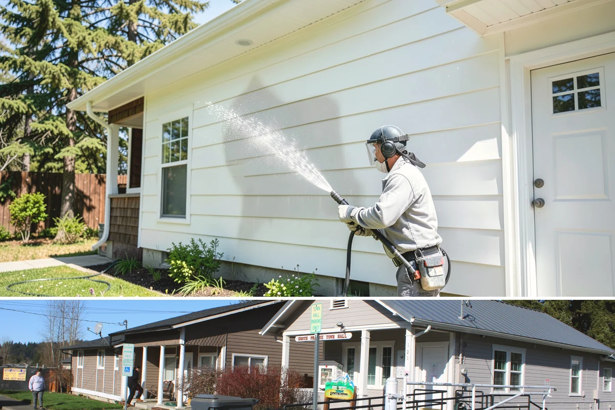Awning Cleaning in South Prairie, Pierce County, WA - Late spring cleaning removes the mildew that builds through the wet season and readies awnings for summer use.