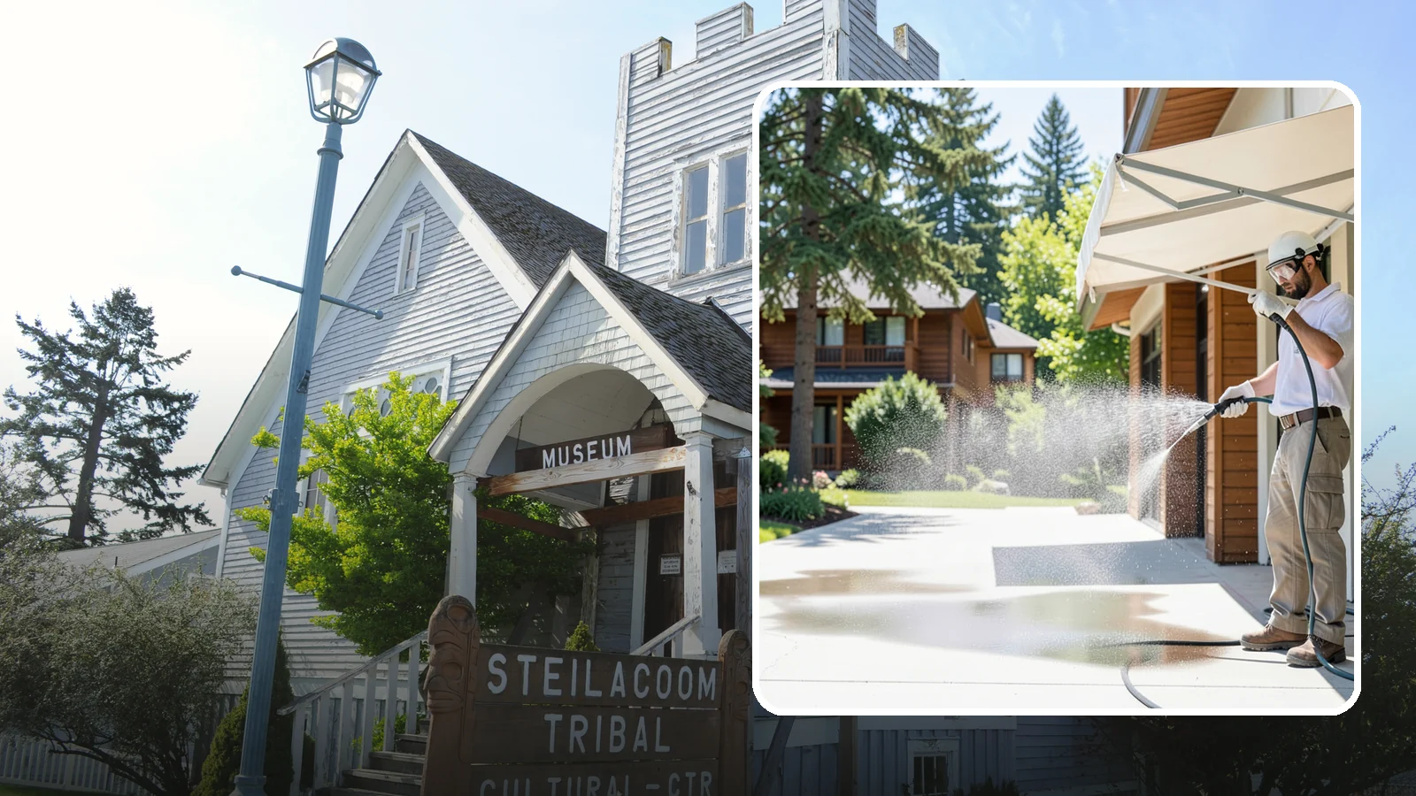 Awning Cleaning in Steilacoom, Pierce County, WA - We soft wash fabric and metal awnings to strip the black streaks and mildew that Northwest moisture leaves behind.
