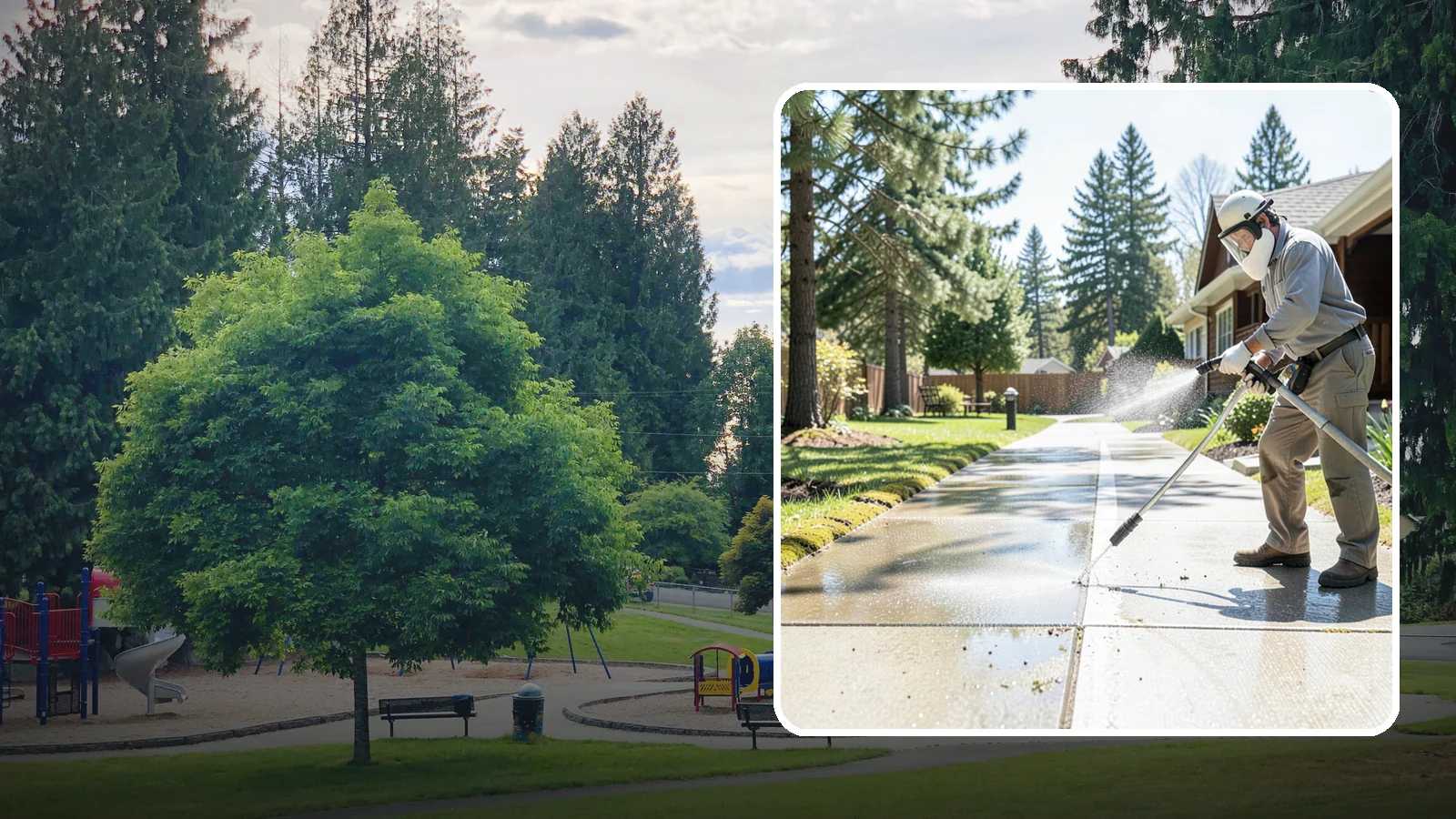 Backyard Pathway Cleaning in Bonney Lake, Pierce County, WA - Clear shaded backyard pathways where Northwest moss and mud build up fastest.