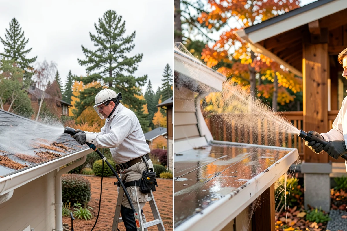Backyard Pathway Cleaning in Concrete, Skagit County, WA - Clear organic litter and trim back encroaching growth