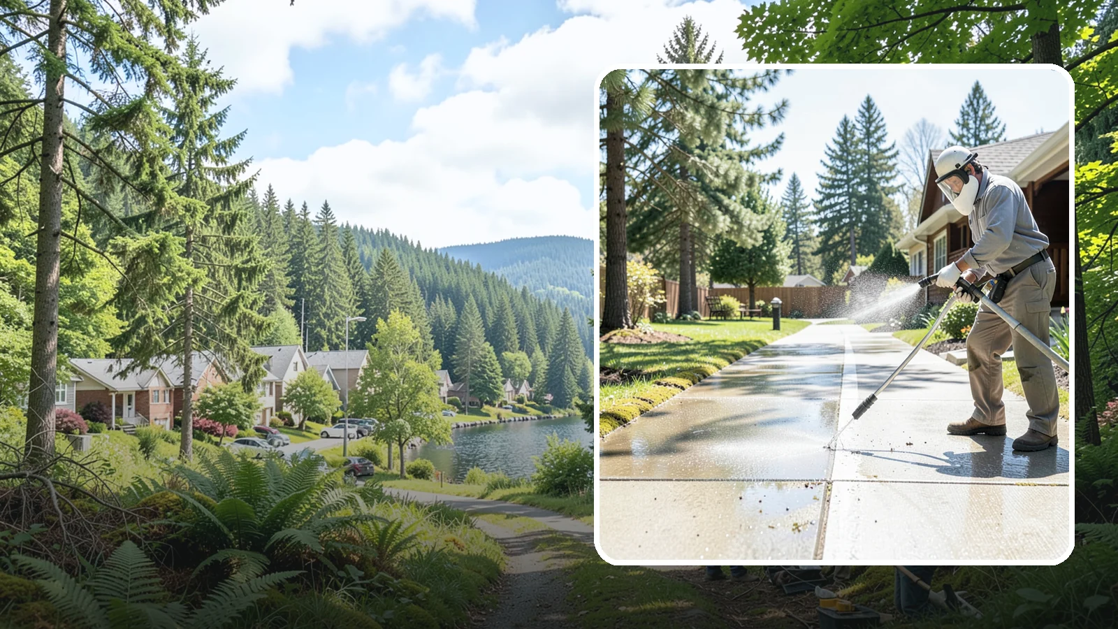 Backyard Pathway Cleaning in Lake Forest Park, King County, WA - Clear shaded backyard pathways where Northwest moss and mud build up fastest.