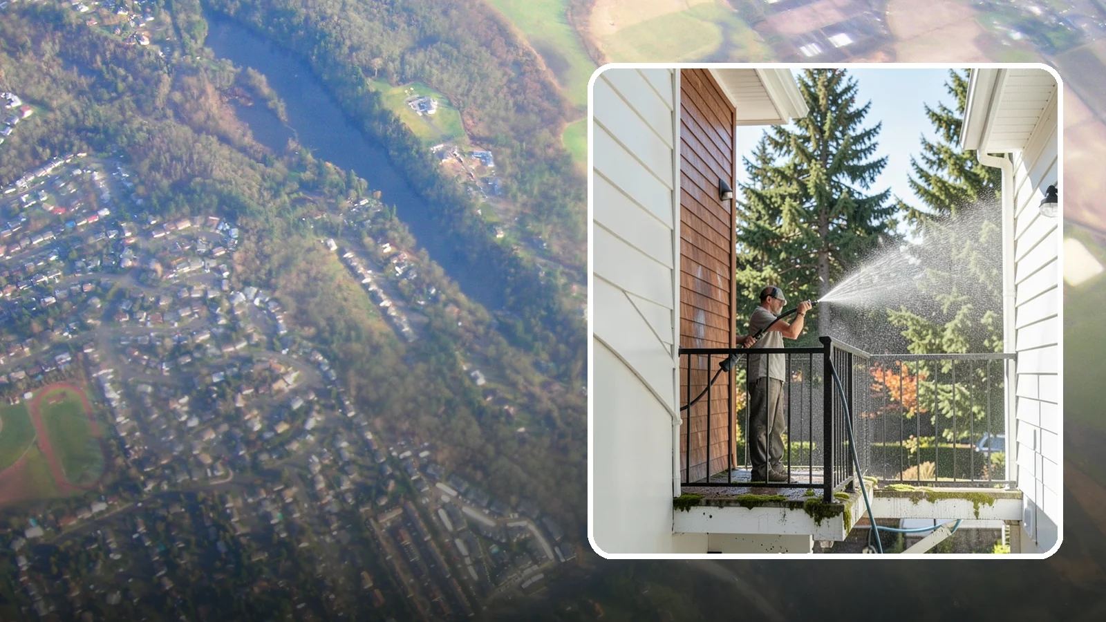 Balcony Cleaning in Algona, King County, WA - We wash balcony floors, rails, and undersides to lift the moss, pollen, and grime that collect on these exposed platforms.
