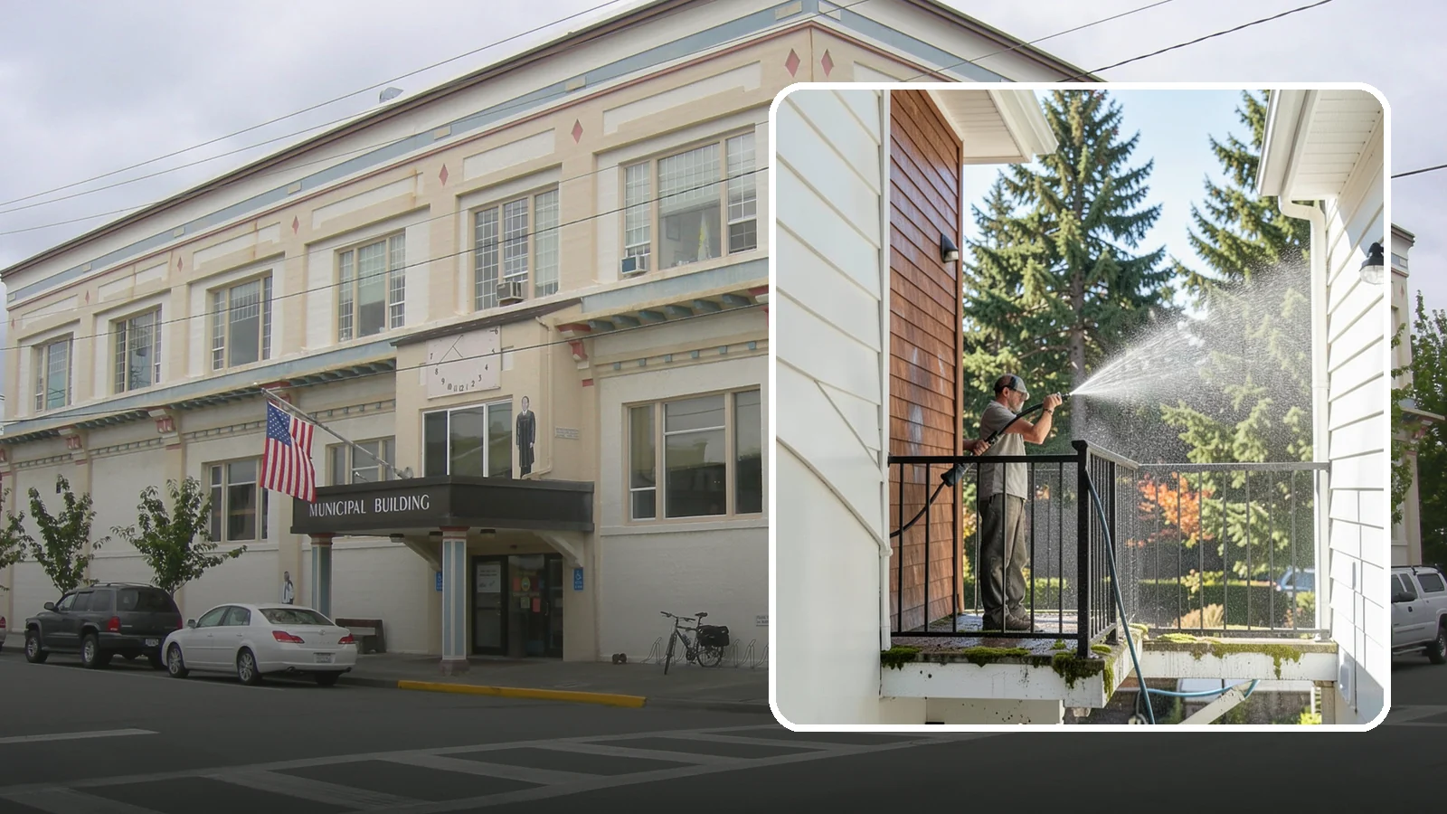 Balcony Cleaning in Anacortes, Skagit County, WA - We wash balcony floors, rails, and undersides to lift the moss, pollen, and grime that collect on these exposed platforms.