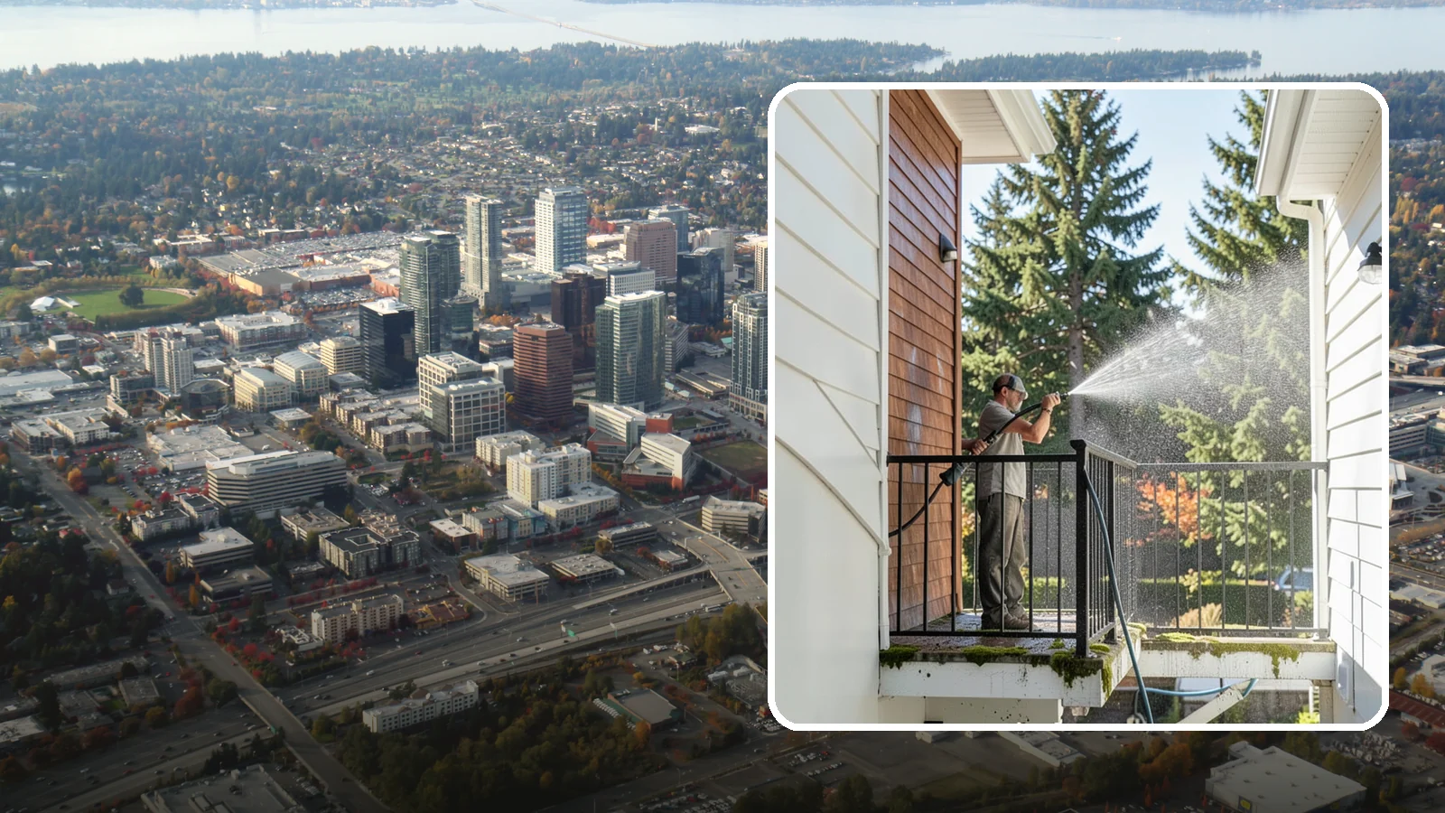 Balcony Cleaning in Bellevue, King County, WA - We wash balcony floors, rails, and undersides to lift the moss, pollen, and grime that collect on these exposed platforms.