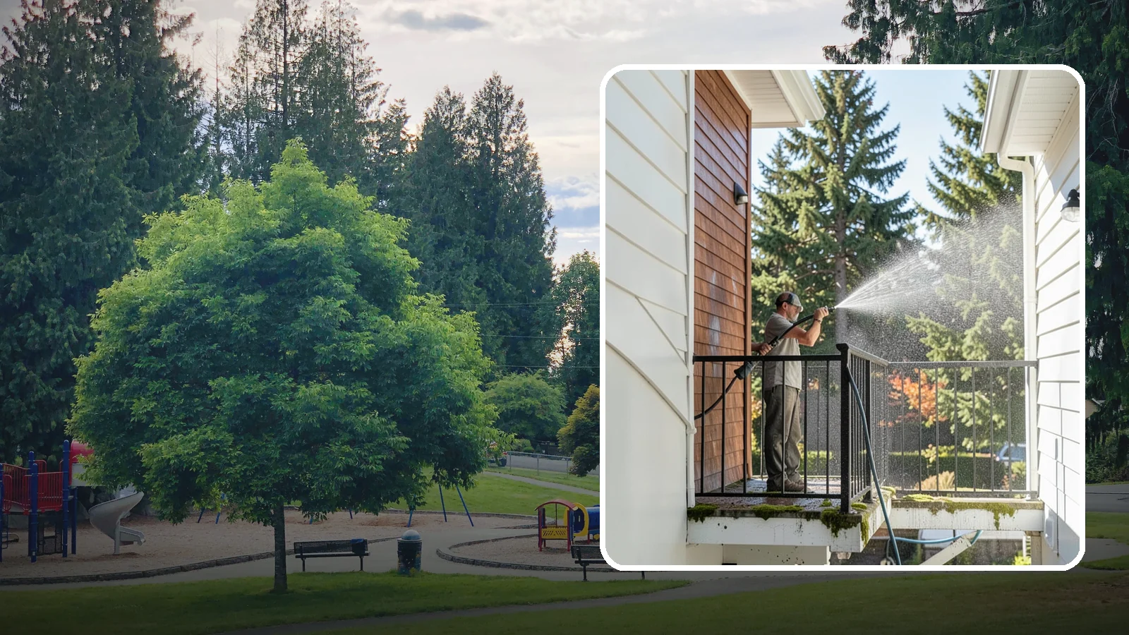 Balcony Cleaning in Bonney Lake, Pierce County, WA - We wash balcony floors, rails, and undersides to lift the moss, pollen, and grime that collect on these exposed platforms.