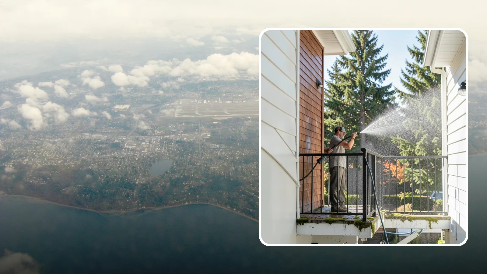 Balcony Cleaning in Burien, King County, WA - We wash balcony floors, rails, and undersides to lift the moss, pollen, and grime that collect on these exposed platforms.