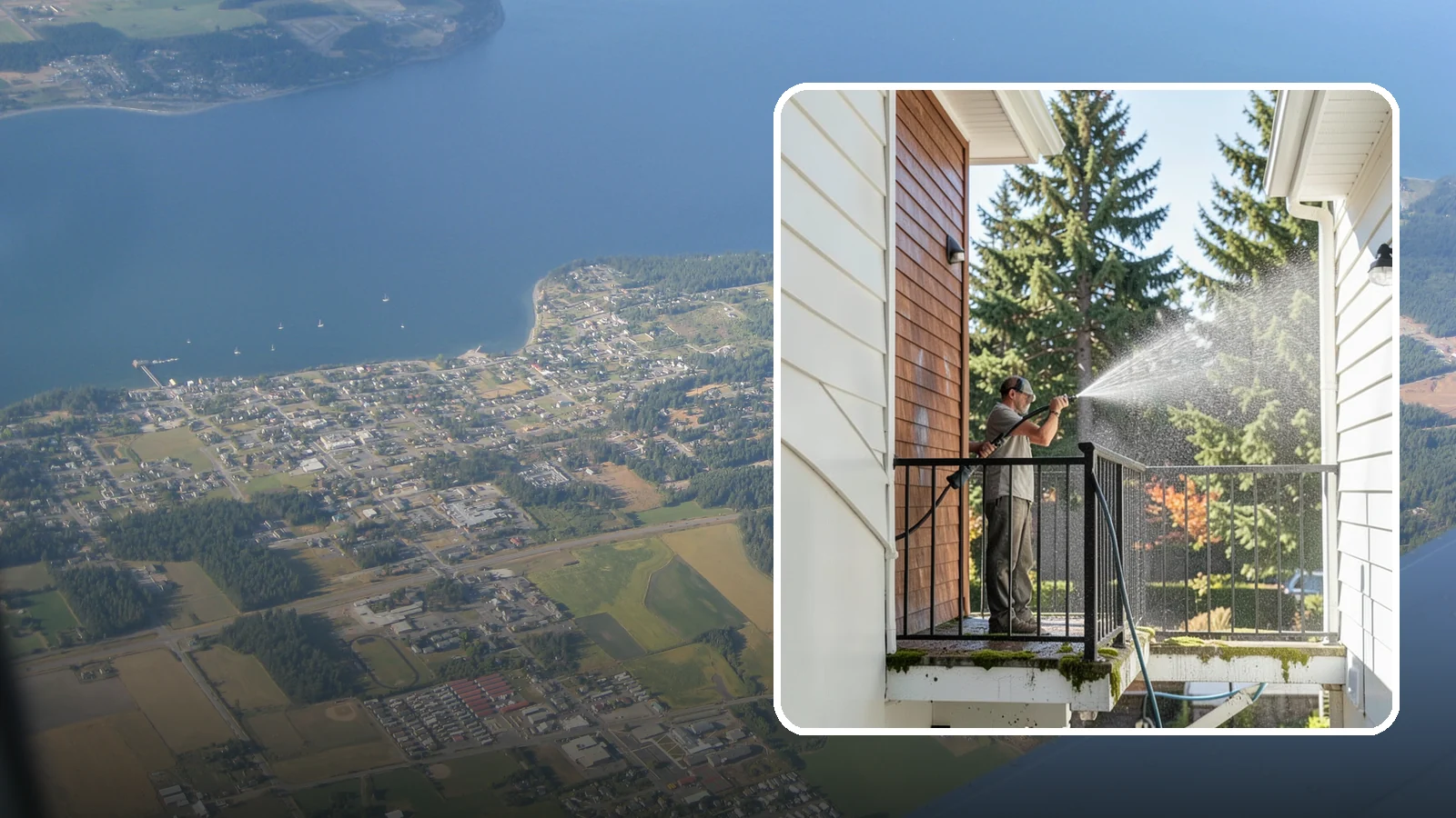 Balcony Cleaning in Coupeville, Island County, WA - We wash balcony floors, rails, and undersides to lift the moss, pollen, and grime that collect on these exposed platforms.