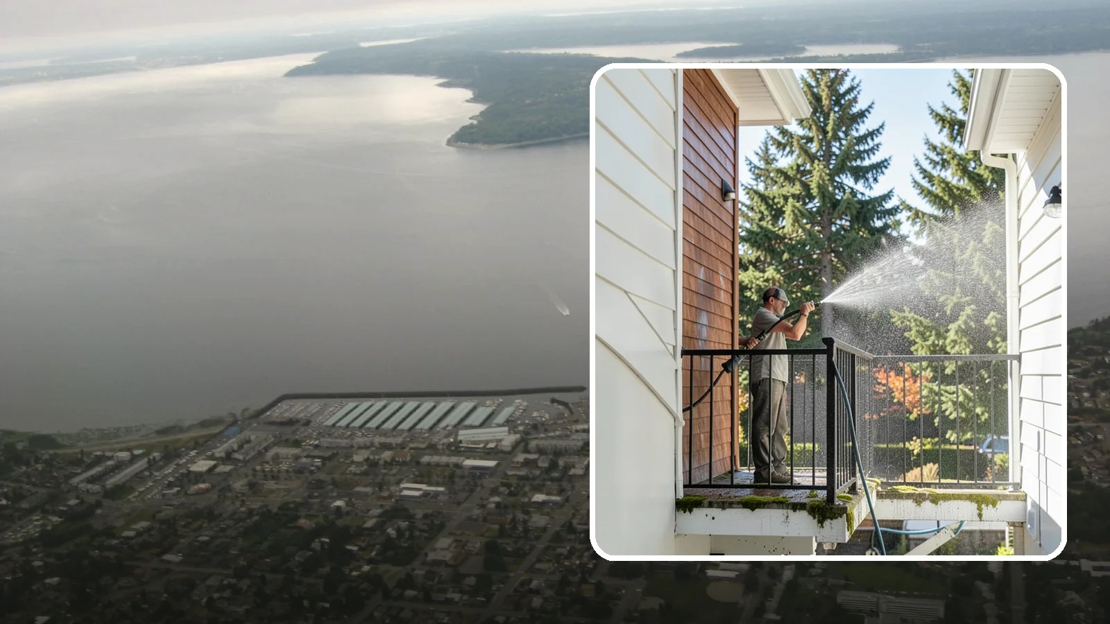 Balcony Cleaning in Des Moines, King County, WA - We wash balcony floors, rails, and undersides to lift the moss, pollen, and grime that collect on these exposed platforms.