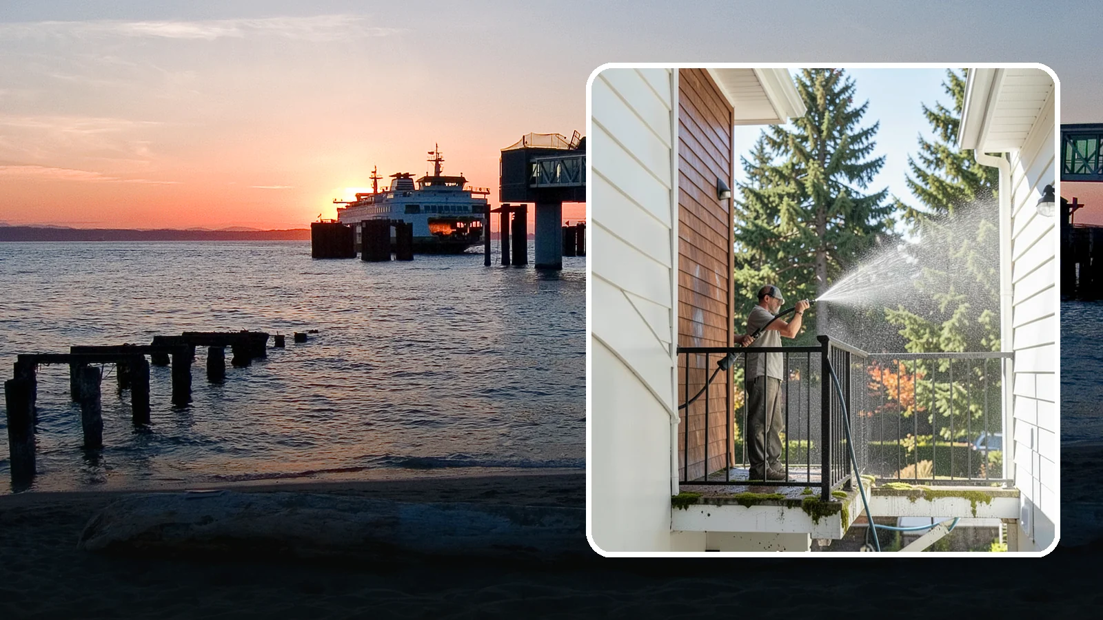 Balcony Cleaning in Edmonds, Snohomish County, WA - We wash balcony floors, rails, and undersides to lift the moss, pollen, and grime that collect on these exposed platforms.