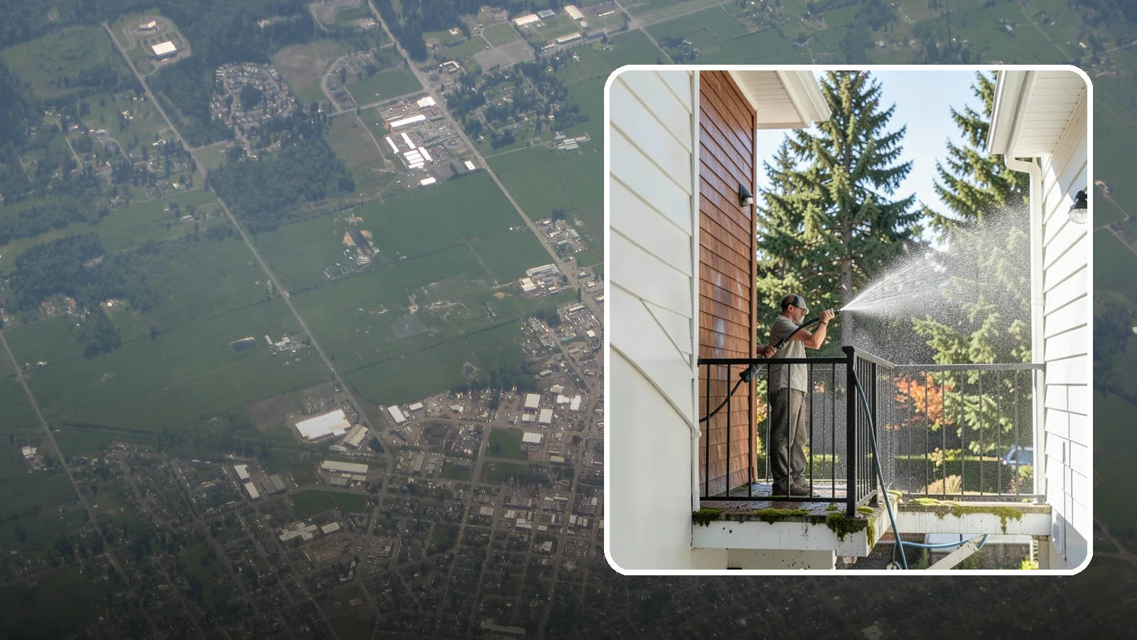 Balcony Cleaning in Enumclaw, King County, WA - We wash balcony floors, rails, and undersides to lift the moss, pollen, and grime that collect on these exposed platforms.