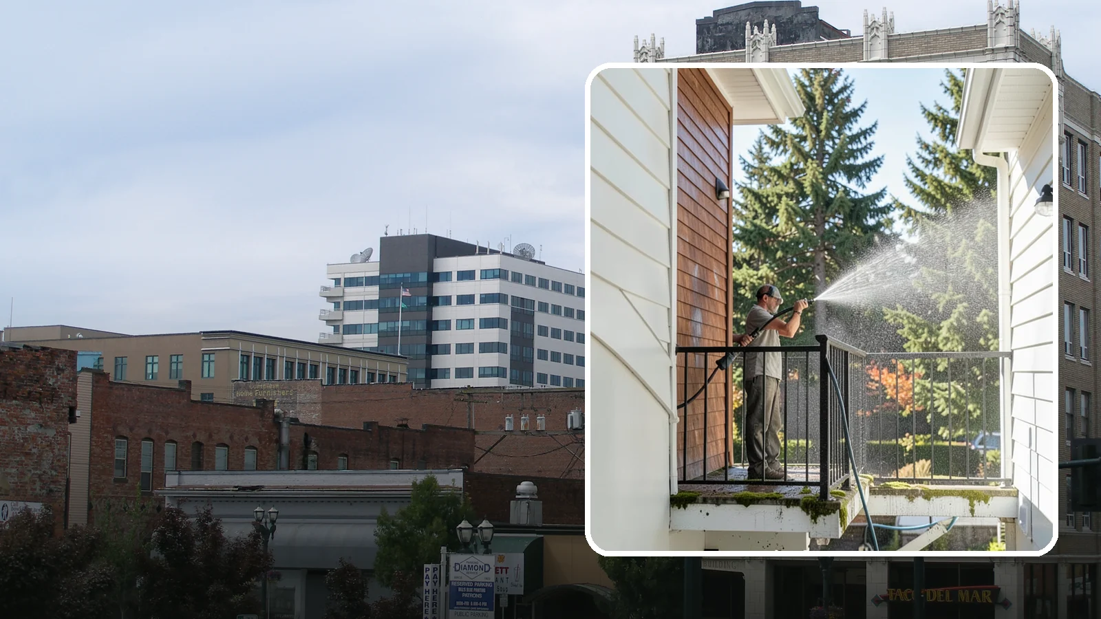 Balcony Cleaning in Everett, Snohomish County, WA - We wash balcony floors, rails, and undersides to lift the moss, pollen, and grime that collect on these exposed platforms.
