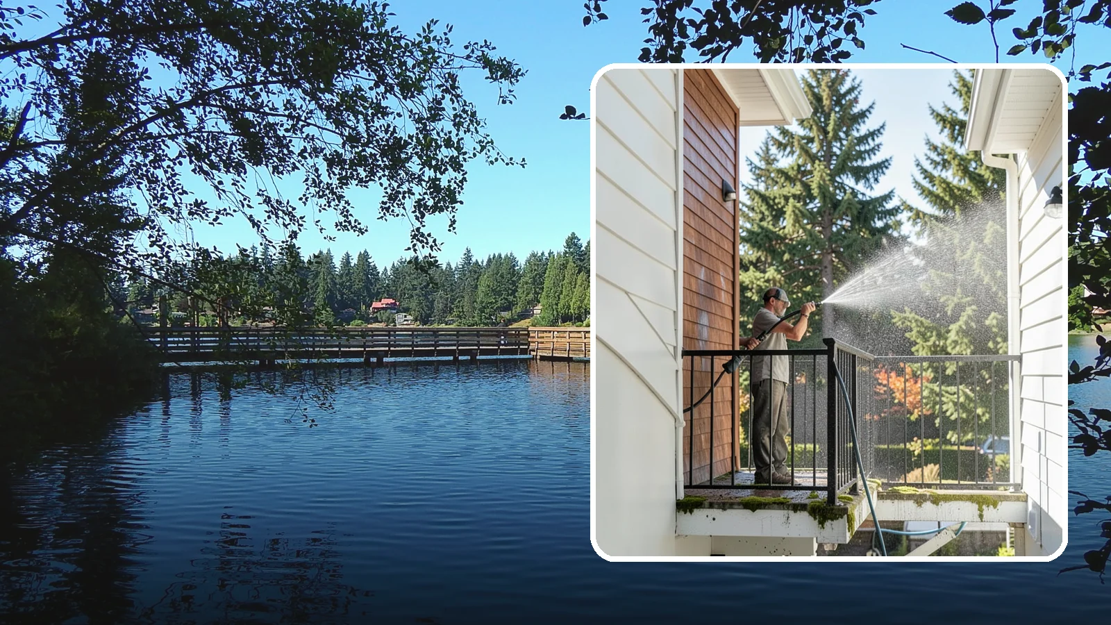 Balcony Cleaning in Federal Way, King County, WA - We wash balcony floors, rails, and undersides to lift the moss, pollen, and grime that collect on these exposed platforms.