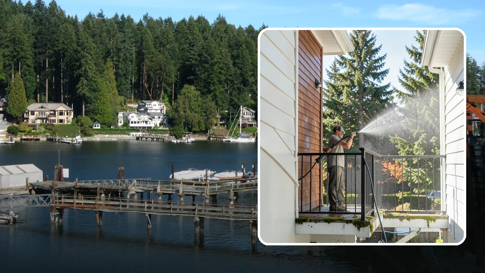 Balcony Cleaning in Gig Harbor, Pierce County, WA - We wash balcony floors, rails, and undersides to lift the moss, pollen, and grime that collect on these exposed platforms.