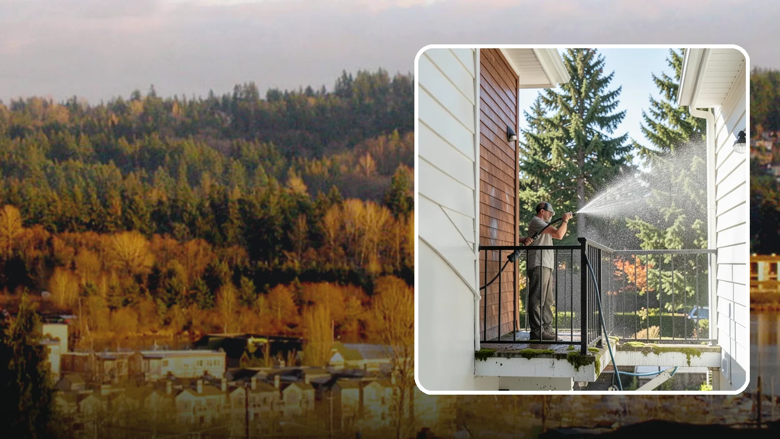 Balcony Cleaning in Kenmore, King County, WA - We wash balcony floors, rails, and undersides to lift the moss, pollen, and grime that collect on these exposed platforms.