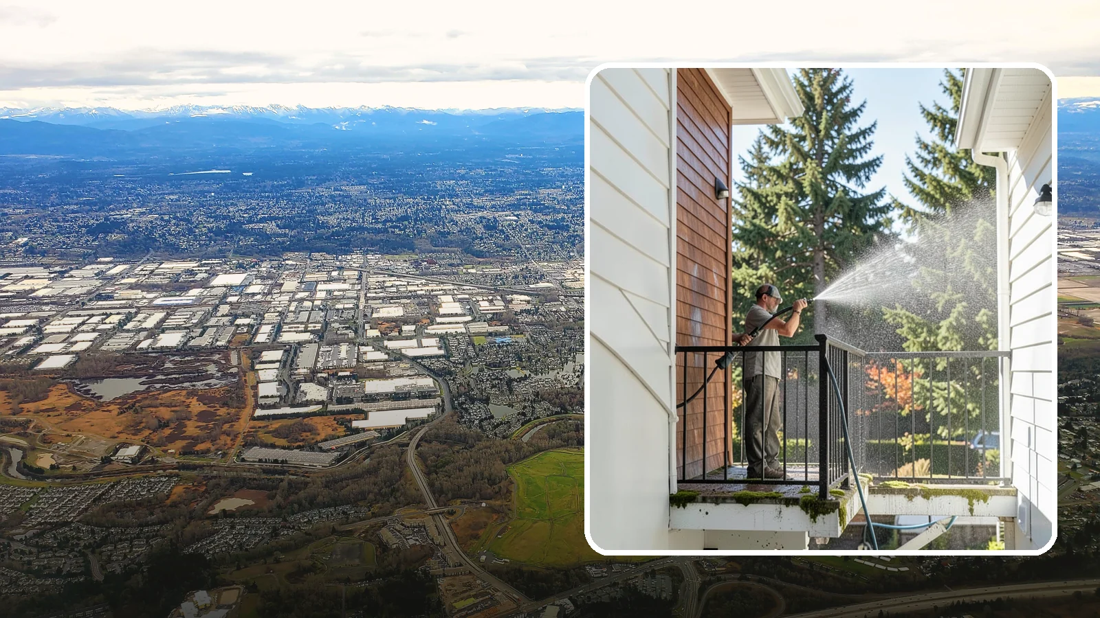 Balcony Cleaning in Kent, King County, WA - We wash balcony floors, rails, and undersides to lift the moss, pollen, and grime that collect on these exposed platforms.