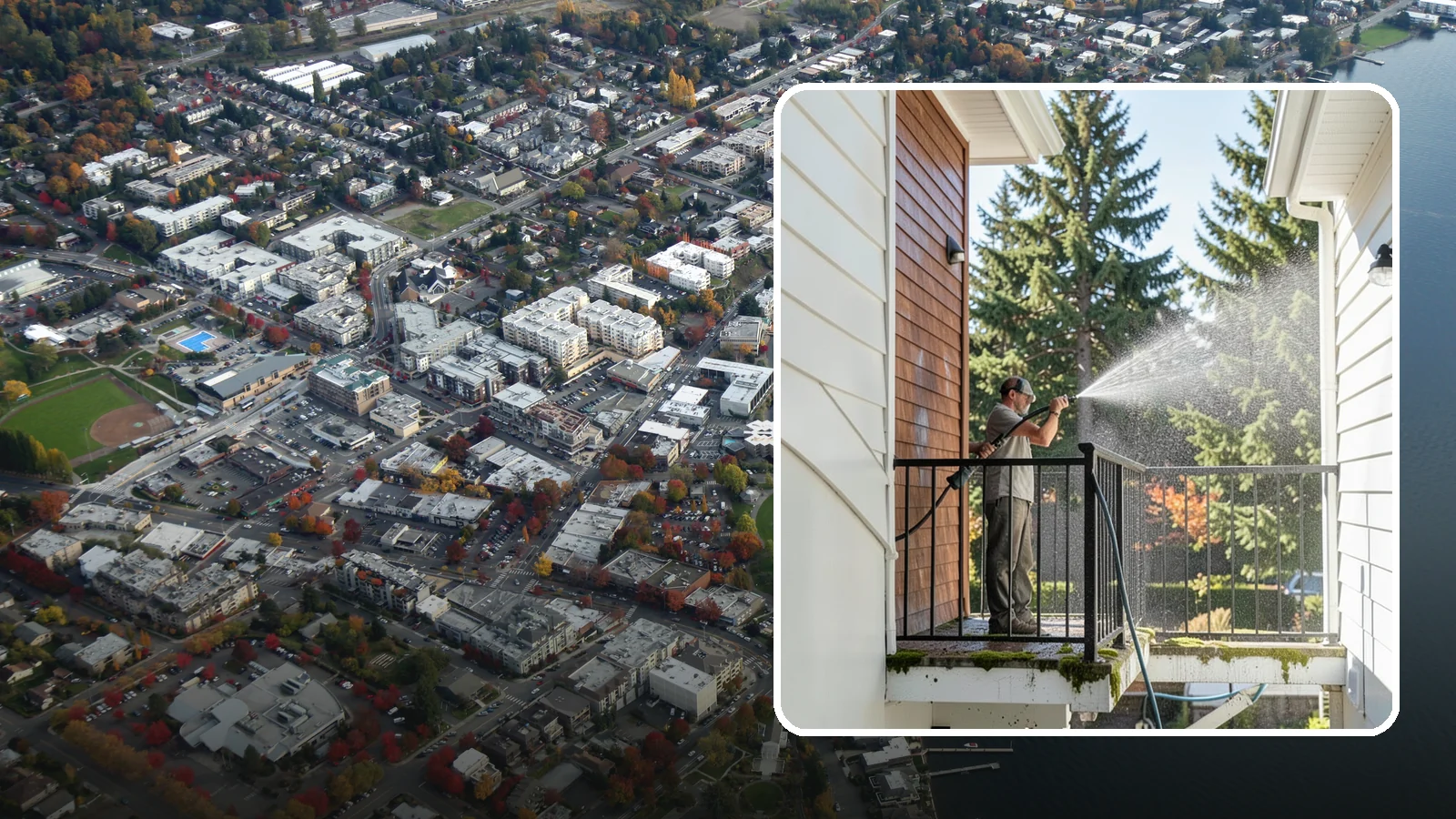 Balcony Cleaning in Kirkland, King County, WA - We wash balcony floors, rails, and undersides to lift the moss, pollen, and grime that collect on these exposed platforms.