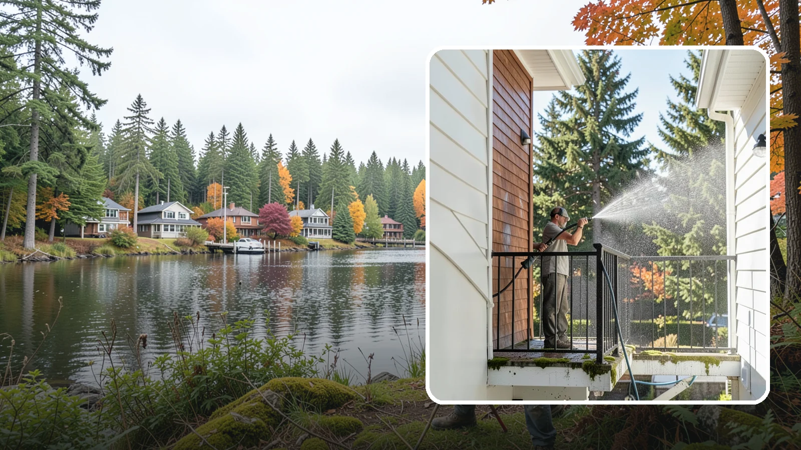 Balcony Cleaning in La Conner, Skagit County, WA - We wash balcony floors, rails, and undersides to lift the moss, pollen, and grime that collect on these exposed platforms.