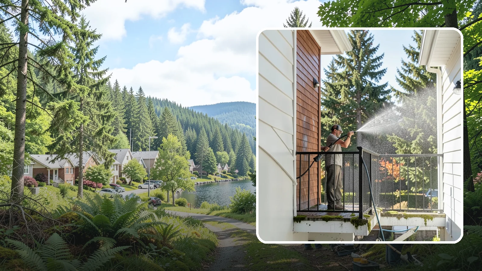 Balcony Cleaning in Lake Forest Park, King County, WA - We wash balcony floors, rails, and undersides to lift the moss, pollen, and grime that collect on these exposed platforms.