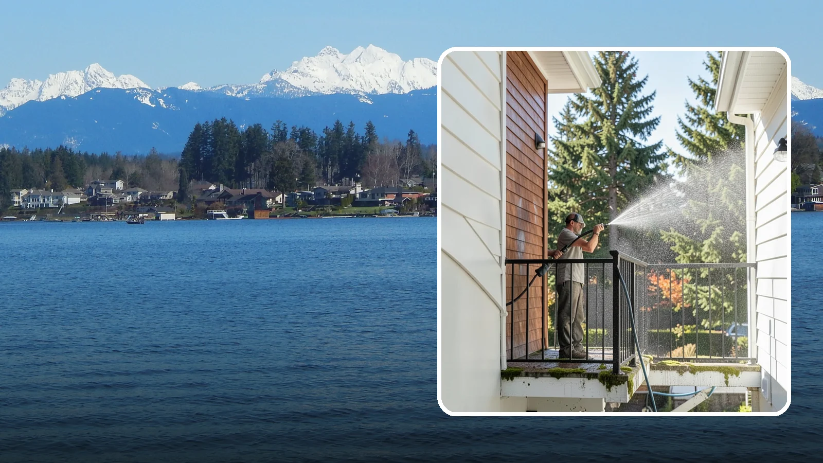 Balcony Cleaning in Lake Stevens, Snohomish County, WA - We wash balcony floors, rails, and undersides to lift the moss, pollen, and grime that collect on these exposed platforms.