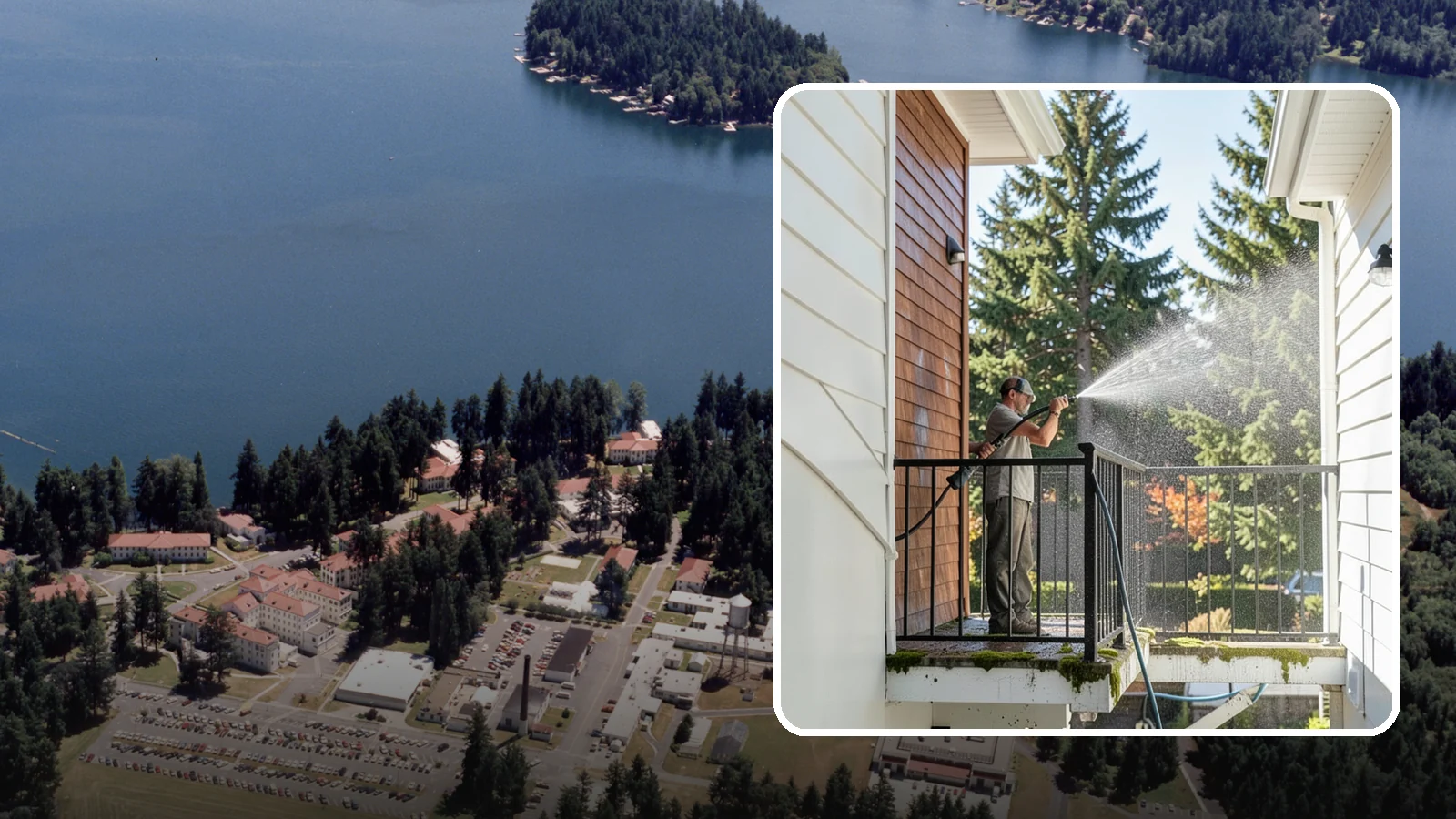Balcony Cleaning in Lakewood, Pierce County, WA - We wash balcony floors, rails, and undersides to lift the moss, pollen, and grime that collect on these exposed platforms.