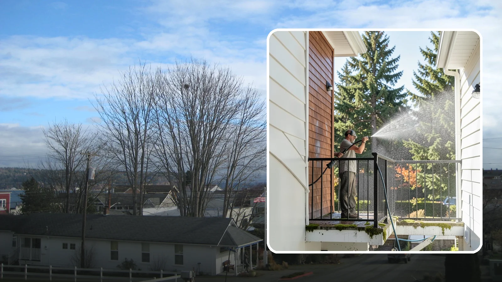 Balcony Cleaning in Langley, Island County, WA - We wash balcony floors, rails, and undersides to lift the moss, pollen, and grime that collect on these exposed platforms.