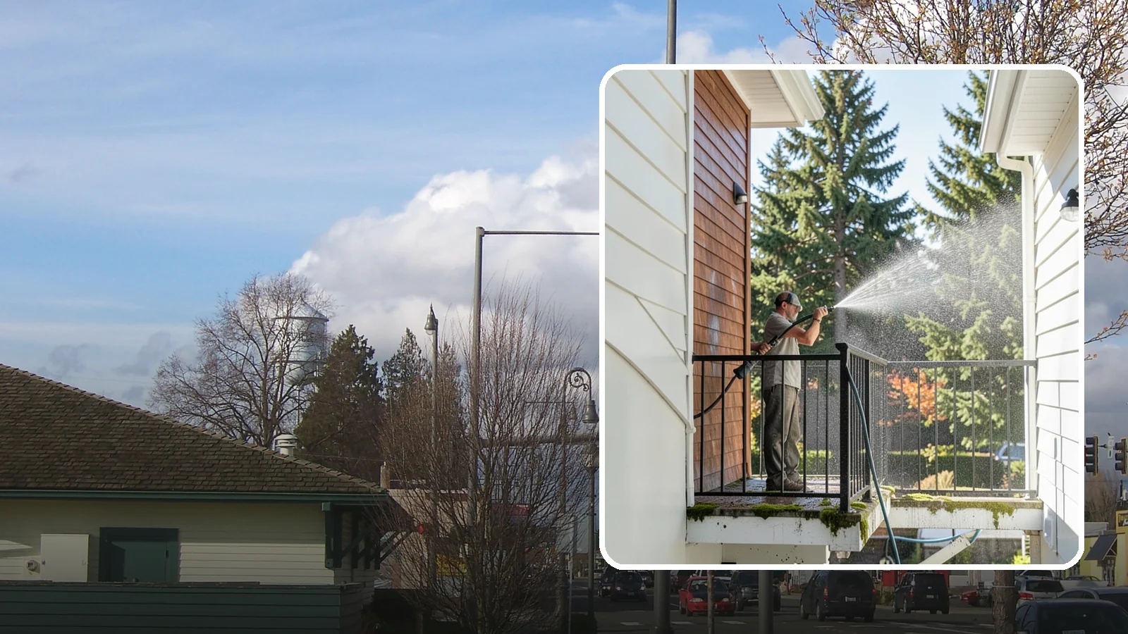 Balcony Cleaning in Marysville, Snohomish County, WA - We wash balcony floors, rails, and undersides to lift the moss, pollen, and grime that collect on these exposed platforms.