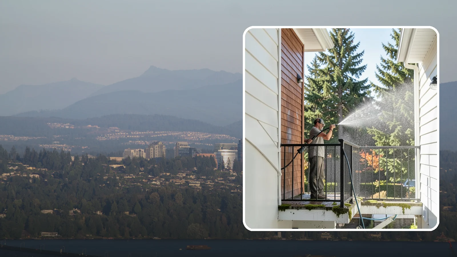 Balcony Cleaning in Medina, King County, WA - We wash balcony floors, rails, and undersides to lift the moss, pollen, and grime that collect on these exposed platforms.