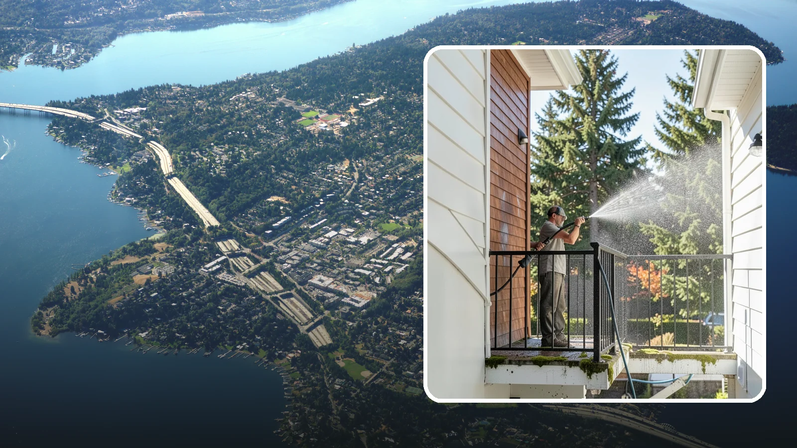 Balcony Cleaning in Mercer Island, King County, WA - We wash balcony floors, rails, and undersides to lift the moss, pollen, and grime that collect on these exposed platforms.