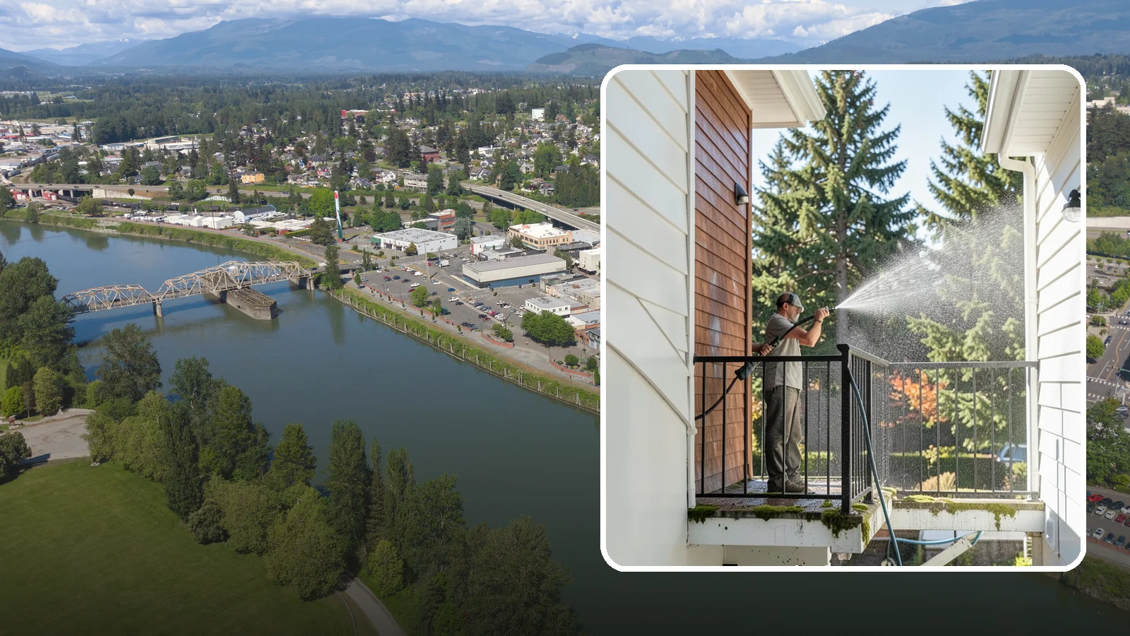 Balcony Cleaning in Mount Vernon, Skagit County, WA - We wash balcony floors, rails, and undersides to lift the moss, pollen, and grime that collect on these exposed platforms.