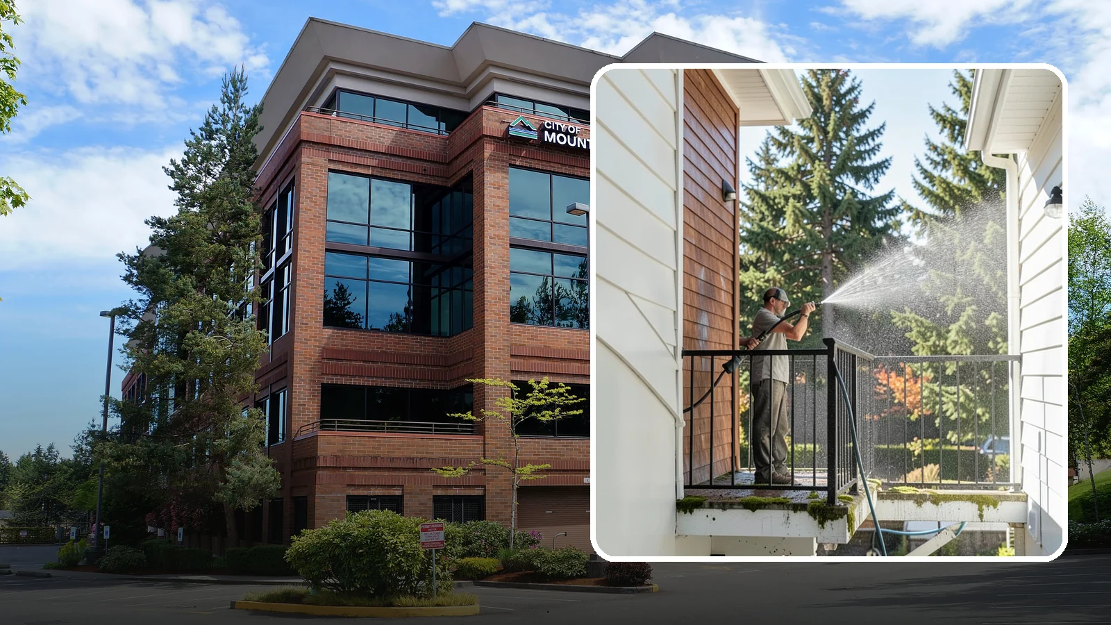 Balcony Cleaning in Mountlake Terrace, Snohomish County, WA - We wash balcony floors, rails, and undersides to lift the moss, pollen, and grime that collect on these exposed platforms.