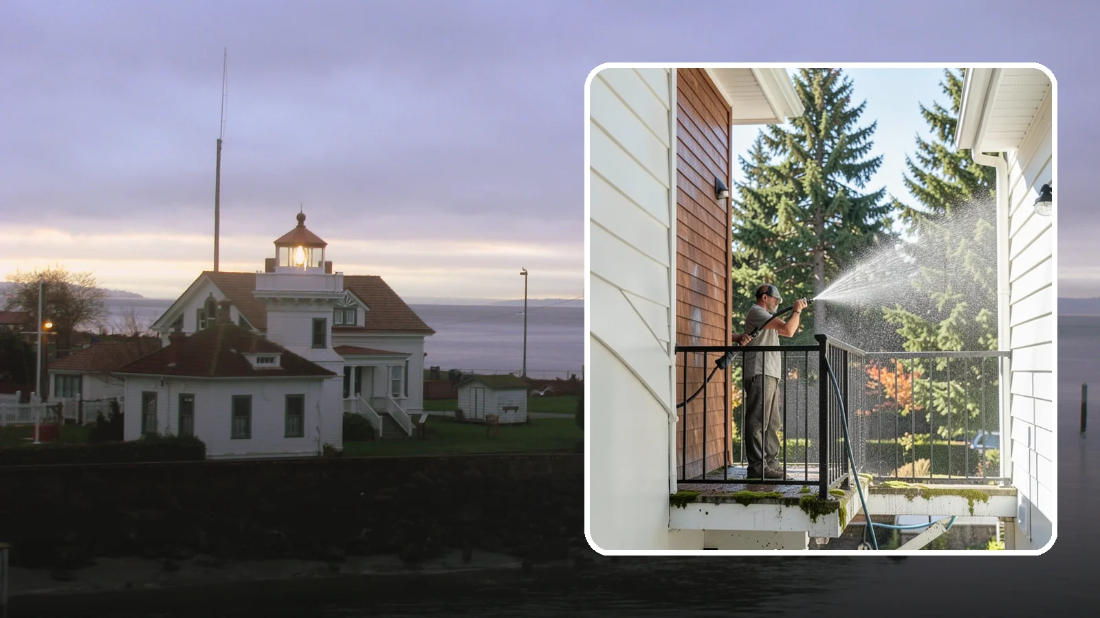 Balcony Cleaning in Mukilteo, Snohomish County, WA - We wash balcony floors, rails, and undersides to lift the moss, pollen, and grime that collect on these exposed platforms.