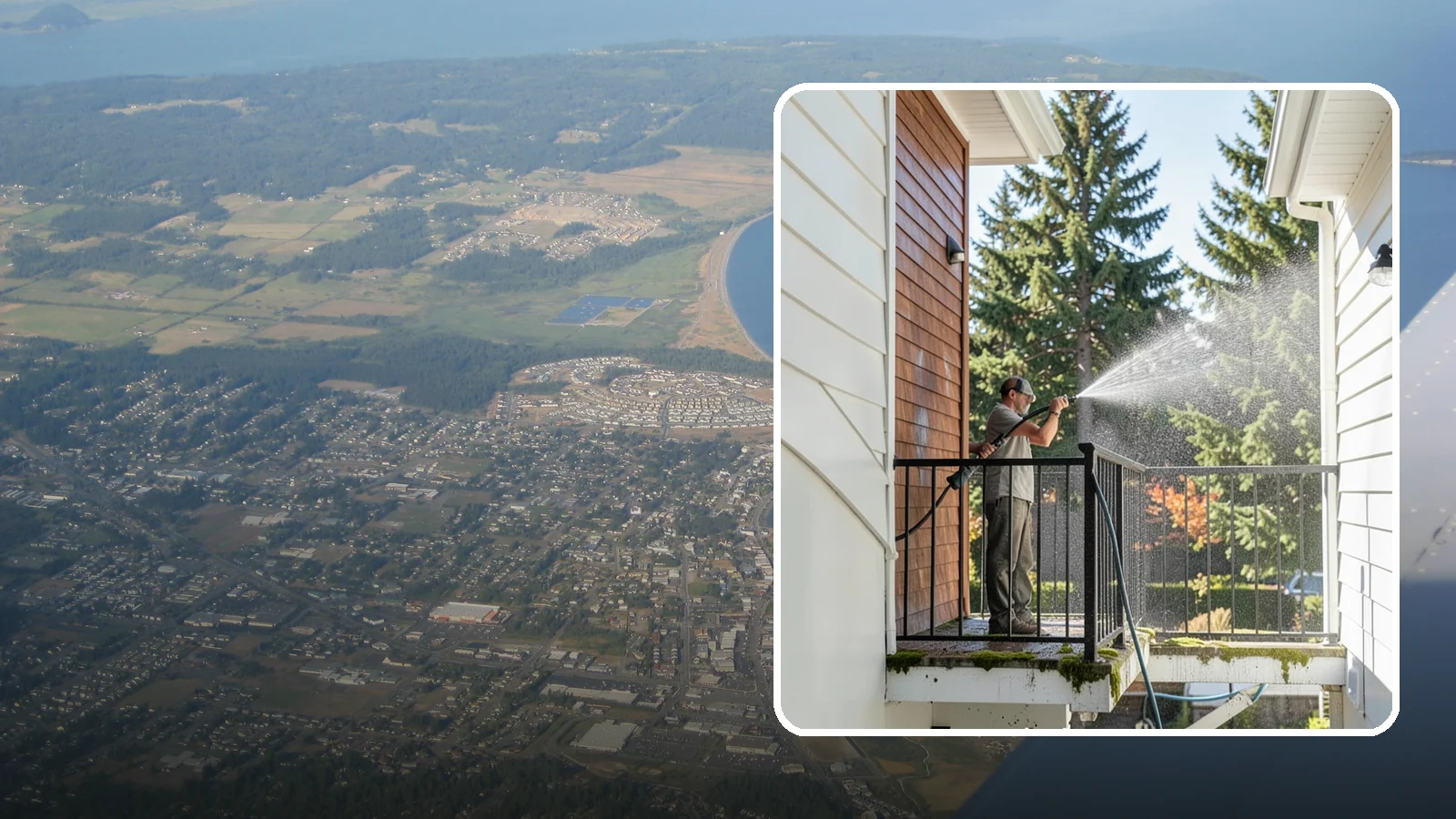 Balcony Cleaning in Oak Harbor, Island County, WA - We wash balcony floors, rails, and undersides to lift the moss, pollen, and grime that collect on these exposed platforms.