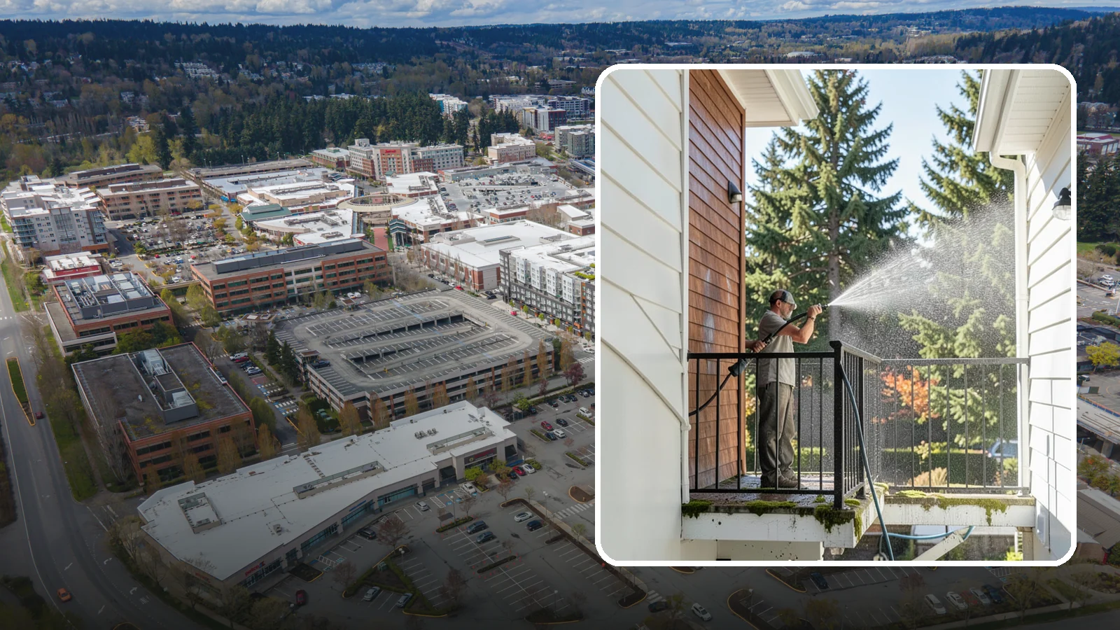 Balcony Cleaning in Redmond, King County, WA - We wash balcony floors, rails, and undersides to lift the moss, pollen, and grime that collect on these exposed platforms.