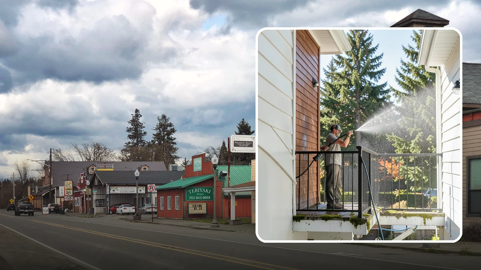 Balcony Cleaning in Roy, Pierce County, WA - We wash balcony floors, rails, and undersides to lift the moss, pollen, and grime that collect on these exposed platforms.