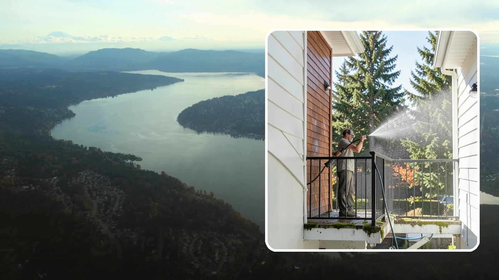 Balcony Cleaning in Sammamish, King County, WA - We wash balcony floors, rails, and undersides to lift the moss, pollen, and grime that collect on these exposed platforms.